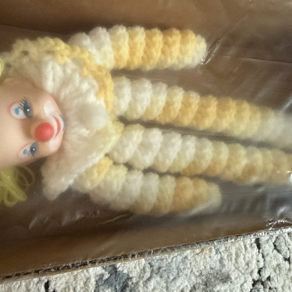 Vintage Handmade Spiral Crochet YOYO Clown Doll with Plastic Head Yellow New